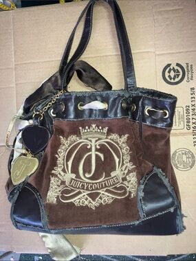 Juicy Couture Brown Velvet Tote with Gold Crest and Charms